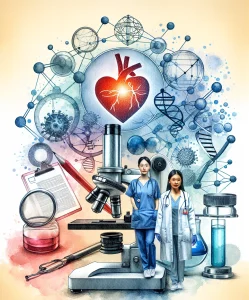 A watercolor-style image showcasing a South Asian female nurse and a Hispanic male nurse surrounded by elements like a stethoscope, microscope, research paper, and heart symbol, symbolizing the importance of nursing research in healthcare development. The composition expresses themes of growth, knowledge, and innovation in the field, highlighting diversity and inclusivity.
