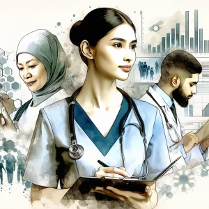 This watercolor painting showcases a South Asian, Middle-Eastern, and Hispanic nurse working together to advance medical practice through research and evidence-based care. The image conveys the importance of cooperation, innovation, and improved patient outcomes in the healthcare field.