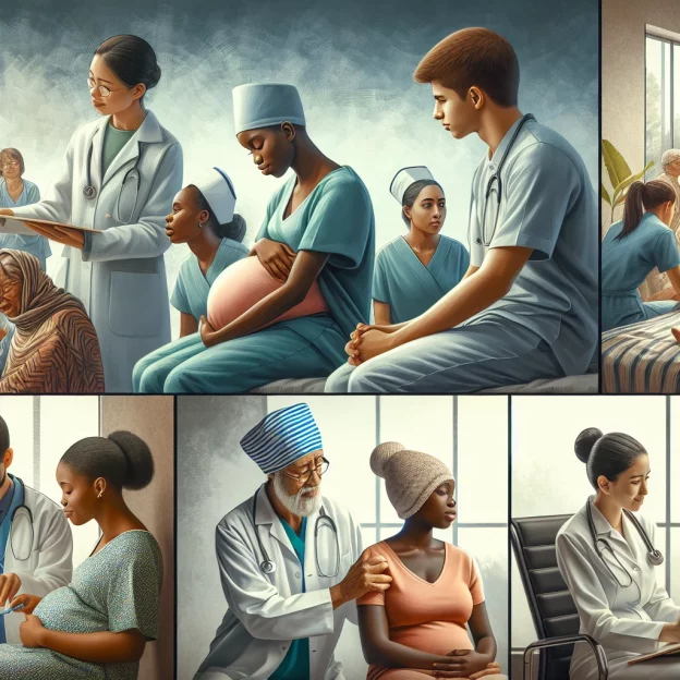 A detailed photorealistic image showcasing African, Caucasian, Hispanic, South Asian, Middle Eastern, and white nurses providing compassionate care in various healthcare settings. From community health sanctuary to maternal and child health clinic to mental health therapy room, the dedication and professionalism of these diverse nurses highlight the importance of nursing education and practice in Africa and beyond.