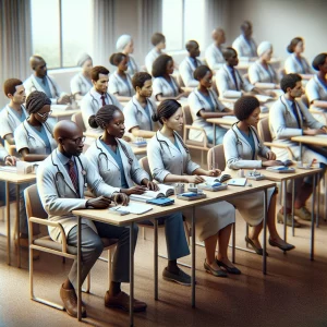 A photorealistic image showcasing a group of primary care physicians in Zambia, diverse in gender and descent, deeply engaged in studying and discussing the implementation of primary care guidelines. The scene exudes teamwork, dedication, and strong commitment towards improving healthcare outcomes in the country.
