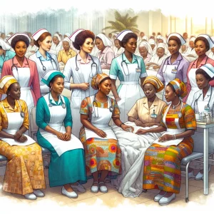 An illustration of nurses from various descents in colorful Zambian attire providing care in a vibrant hospital setting. The watercolor style reflects their compassion and dedication, emphasizing the importance of their diverse roles and contributions to the community.