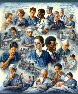 A stunning watercolor painting showcasing a diverse group of nurses providing patient-centered care with compassion. The artwork captures scenes of ethical dilemmas resolved with critical thinking and evidence-based practices, highlighting their absolute dedication towards quality healthcare.