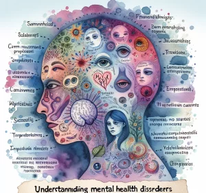 This watercolor illustration beautifully captures the spectrum of common mental health disorders seen in nursing practice in Zambia. With a thoughtful blend of sadness, anxiety, temperamental shifts, and altered perceptions, the image radiates complexity and diversity. It tastefully portrays the importance of understanding mental health without being offensive or trivializing the subject.