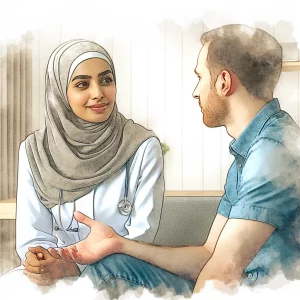 A watercolor illustration depicting a Middle-Eastern female nurse and a Caucasian male patient engaged in a conversation that highlights the importance of communication skills in healthcare. The nurse is shown displaying empathy and sincerity through her facial expressions and body language, while the patient appears open and comfortable. The overall atmosphere exudes warmth and understanding, emphasizing the nurturing aspect of the interaction.