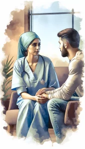 This watercolor painting captures the essence of therapeutic communication in mental health nursing, depicting a Middle-Eastern female nurse actively listening and empathizing with her Caucasian male client in a supportive and comforting environment. The image evokes feelings of warmth, empathy, and understanding, highlighting the importance of trust and rapport in therapeutic relationships.