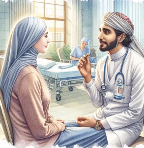 A watercolor illustration of a Middle-Eastern male nurse and a Caucasian female patient showcasing the importance of communication. The nurse demonstrates active listening with nods and eye contact, exuding empathy and support. Set in a serene hospital room, the scene captures a warm, comforting atmosphere in their engaged conversation.