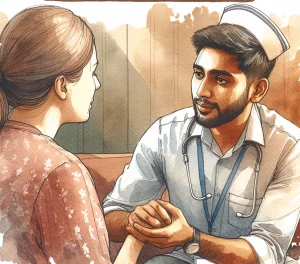 This watercolour-style image captures a South Asian male nurse engaging in therapeutic communication with a White female patient. His body language exudes openness and understanding, while the patient visibly feels supported and reassured. Set in a warm and calming environment, this scene highlights the nurturing atmosphere of mental health nursing. The text 'Lesson 8: Mental Health Nursing' signposts the visual representation of therapeutic communication in mental health nursing.