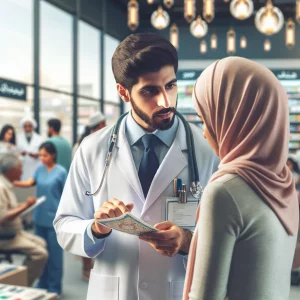 A photorealistic image depicting a Middle-Eastern gender-neutral doctor providing primary healthcare to a South Asian female patient in a modern clinic. The scene shows a focused conversation, potentially discussing preventative health measures, in a bustling and lively clinic environment. The image conveys collaboration, understanding, and empathetic care between healthcare professionals and patients.