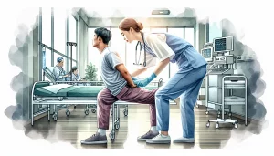 This watercolor illustration depicts a Caucasian female nurse assisting a South Asian male patient in a hospital setting. Her posture showcases the importance of correct positioning to prevent injuries, with a warm and empathetic atmosphere emphasized through the soft lighting and medical equipment in the background.