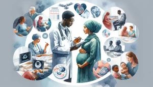 This watercolor image portrays a pregnant South Asian woman in her third trimester receiving medical examinations from a Caucasian male doctor and attending instructional sessions led by a Middle-Eastern female educator. The image also captures a nurturing moment of bonding with her Black partner. Elements like charts, books, and a round table discussion highlight the empowerment and enlightenment gained through antenatal education, while ultrasound scans and doctor's notes showcase the vigilant risk assessment process in prenatal care. The essence of advancing maternal and child health outcomes through thorough support and guidance is beautifully depicted in this serene scene.