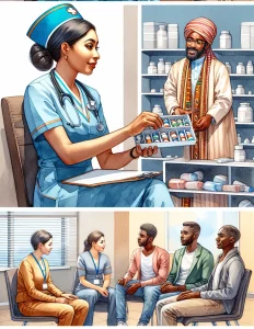 This watercolor style image captures a Zambian female nurse in traditional attire, meticulously organizing medication while providing psychotherapy to a Middle-Eastern male patient. She also educates and supports a diverse group of patients towards mental health recovery in a supportive environment.