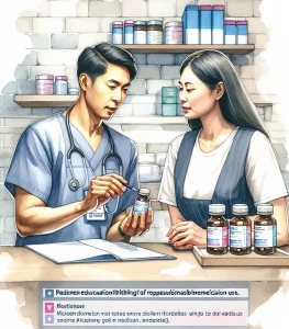 This watercolor painting captures a Caucasian male nurse engaging with a South Asian female patient, emphasizing the importance of responsible medication use. The scene radiates empowerment, knowledge transfer, and patient safety, with a focus on critical information sharing. Thoughtful use of colors enhances the caring and educational atmosphere, making it visually appealing.