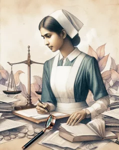 This watercolor painting depicts a South Asian female nurse surrounded by legal documents, scales of justice, and a magnifying glass as she studies a patient's medical chart with a look of concern. The artwork captures the critical aspect of adhering to law in the nursing profession, blending a grave theme with a gentle and elegant aesthetic reminiscent of early 20th century watercolors.