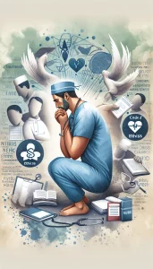 This watercolor-style image depicts a Middle-Eastern male nurse navigating a challenging ethical dilemma, surrounded by symbols of ethical principles and patient confidentiality. It conveys the importance of adhering to ethical standards in nursing practice.