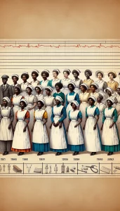 This watercolor painting depicts a group of nurses from different eras in Zambia, starting from the early colonial period to the present day. Each nurse represents a different descent and is dressed in the nursing uniform of their respective time period. The background features a timeline filled with symbolic representations of healthcare advancements, including medical tools and educational resources.