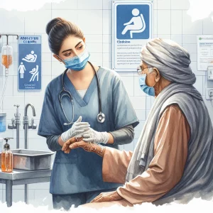 A beautiful watercolor illustration showcasing a South Asian female nurse diligently following infection control protocols while comforting a Middle-Eastern elderly male patient. The scene is set in a clinical setting with medical equipment and hygiene practice posters, perfectly capturing the essence of nursing professionalism and patient-centered care.