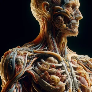 This photorealistic image showcases a detailed human anatomy model, highlighting the complexity and beauty of tissues and organs. It reflects the in-depth study of anatomy, including cell structures, genetics, embryology, systemic anatomy, and body organs. Hints of developmental anatomy and birth defects add to the fascinating exploration of the human body, perfect for aspiring healthcare professionals.