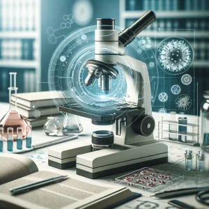 This image captures a professional and educational setting focused on Microbiology and Parasitology. A close-up view of a microscope is surrounded by textbooks, slides of samples, and a lab coat, all set in a sophisticated lab or study room ambiance. The design emphasizes the importance of understanding microorganisms in the medical field, making it suitable for the cover of an informative article.