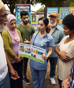 A South Asian female community health nurse leads a group discussion on maintaining good health in a local park. The diverse group includes elderly Caucasian men, young Black women, Middle Eastern children, and Hispanic teenagers. The nurse holds a pamphlet on preventative measures while surrounded by posters promoting healthy behaviors. Empowerment, knowledge transfer, and collaboration are evident as they engage in dialogue on overall wellness.