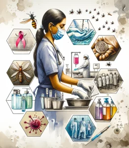 This watercolour painting depicts a South Asian female nurse diligently practicing infection control in a healthcare setting. She is shown meticulously washing her hands, sterilizing medical equipment, and isolating patients with contagious illnesses. Symbolic representations of diseases in Zambia, like a mosquito for malaria, an HIV/AIDS ribbon, and an abstract symbol for waterborne diseases are included. The urgency and importance of infection control are emphasized in this striking image.