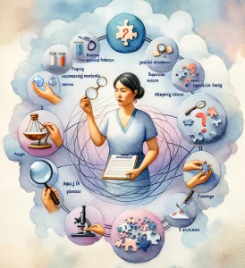 This watercolor painting beautifully captures the intricate process of evidence-based healthcare decisions. A South Asian female nurse is depicted seamlessly integrating research findings, clinical wisdom, and patient preferences, symbolized by a Hispanic male patient. Throughout the artwork, symbols representing the steps of evidence-based practice such as a question mark, eyeglass, scale, puzzle pieces, and microscope are artistically woven in. The painting highlights the benefits of evidence-based practice while subtly alluding to the challenges involved.