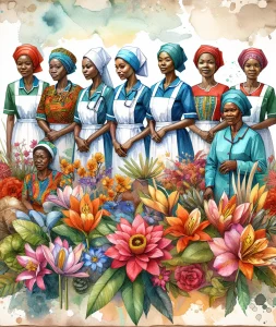 This captivating watercolor painting depicts a group of Zambian nurses in traditional attire, surrounded by vibrant flowers and plants. The image beautifully symbolizes the integration of traditional medicine with modern nursing practices, showcasing the journey of nursing in Zambia.