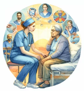 This watercolor painting beautifully illustrates therapeutic communication techniques in nursing, showcasing empathy, understanding, and active listening. The Middle-Eastern male nurse and elderly Hispanic female patient interact in a calm, trusting environment, emphasizing patient-centered care and fostering a sense of being heard and understood.