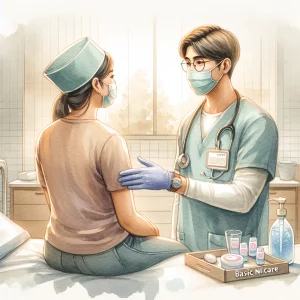 This watercolor illustration captures the essence of holistic nursing care as a male Asian nurse interacts with a female Hispanic patient in a serene hospital setting. The nurse portrays active listening and effective communication while emphasizing patient safety with the use of safety measures like a mask and gloves. The overall ambiance radiates compassion, professionalism, and a commitment to delivering quality healthcare.