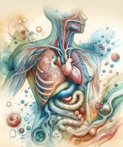 This watercolor illustration beautifully portrays the intricate relationship between anatomy and physiology, showcasing the harmony and balance within the human body's systems. Detailed structures, from organs to cell structures, work together in soothing, flowing colors to emphasize the importance of healthcare occupations like nursing. An underlying message highlights the crucial role of anatomy and physiology studies in promoting overall well-being.