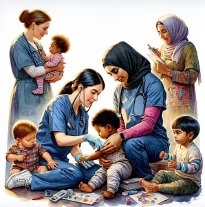 This watercolor painting beautifully showcases the essential and compassionate nature of pediatric nurses from diverse backgrounds. The scene captures two female nurses providing specialized care to children of different ages and races, each representing various stages of growth and developmental milestones. From checking reflexes to comforting infants, the nurses are depicted treating common pediatric health conditions with warmth and vibrancy.