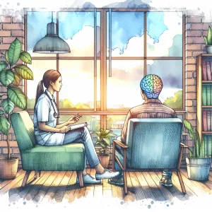 A watercolor-style painting depicting a compassionate Caucasian female nurse having a therapeutic conversation with a South Asian male patient in a serene and calming setting. Soft brush strokes, a comfortable chair, healthy plants, and a calming view from a window enhance the importance of mental well-being in healthcare.