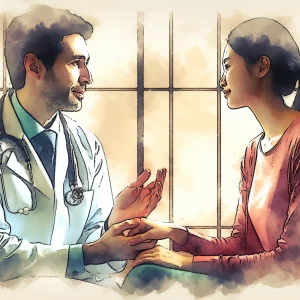 A watercolor-style painting depicting a Hispanic male doctor and an Asian female patient engaged in a deep conversation, showcasing empathetic communication and mutual understanding in healthcare. The scene exudes warmth and human connection, emphasizing the importance of relationship building in the medical field.
