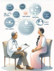 A watercolour-style illustration featuring a white male nurse conducting a health history interview with a South Asian female patient. The patient is sharing her medical history eloquently, with floating symbols for biographical information, chief complaint, past medical history, family history, social history, and review of systems. The image exudes a soft, ethereal, and gentle touch, reflecting the compassionate nature of nursing care.
