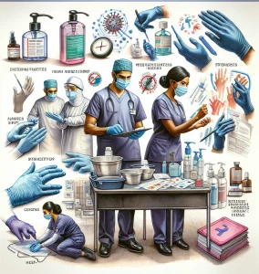 A watercolor illustration depicting the significant role of infection control in nursing care. The scene includes elements such as hand hygiene practices, personal protective equipment, and strategies to prevent healthcare-associated infections. A Middle-Eastern male nurse and a Black female nurse are the key actors, showcasing professionalism and adherence to safety measures. The overall visual evokes feelings of trust, safety, and healthcare excellence.
