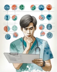 This illustration captures the focused expression of an Asian male nurse as he meticulously reviews a patient's health assessment results. Surrounding him are watercolor representations of varying health indicators, from stable vital signs to subtle signs of illness, highlighting the complex task of interpreting assessments in healthcare.