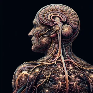 This photorealistic artistic rendition captures the complexity and organization of the human nervous system with meticulous detail. Inspired by scientific literature, the depiction invites viewers to explore and learn about the inner workings of the human body, sparking curiosity and marvel at anatomy.