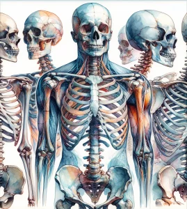 This watercolor painting delicately captures the complexity and beauty of the human skeletal system, showcasing the axial and appendicular skeleton in intricate detail. Soft, fluid colors highlight major bones like the vertebrae, sternum, ribs, skull, clavicle, humerus, pelvis, femur, and more, as well as major joints like the shoulder, elbow, hip, and knee. The artwork evokes a sense of marvel and fondness for the delicate yet robust nature of our bones and connecting tissues.