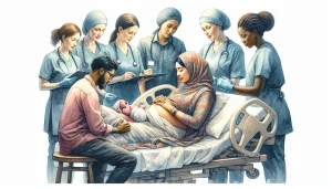 This watercolor illustration beautifully captures the emotional intensity of a South Asian mother in labor, surrounded by a diverse team of nurses providing care and support at every stage of childbirth. The image highlights the critical moment of delivery and the immediate care given to both the newborn and mother, symbolizing the profound significance of this experience.