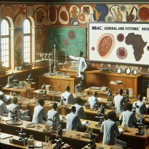 A diverse group of South Asian and Caucasian medical experts and students are depicted in a lecture room or laboratory setting, surrounded by medical equipment and African cultural motifs. The scene conveys a comprehensive study of diseases and their regional impact, with a digital blackboard displaying the topic 'MBsC A3: General and Systemic Pathology'.