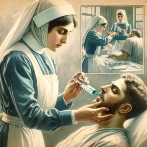 A watercolor painting of a Middle-Eastern female nurse administering medication to a Caucasian male patient, showcasing oral, intravenous, and topical methods of administration. The scene emphasizes the importance of following correct medication application protocols for patient safety.