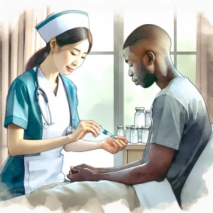 A watercolor image depicting an Asian female nurse in traditional attire carefully administering medication to a Black male patient in a light-filled room. The soft pastel colors create a calming and educational atmosphere, emphasizing the preciseness and safety of medication administration.