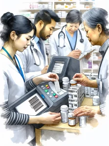 This watercolor-style image beautifully depicts the importance of medication management and safety in nursing practice. A South Asian female nurse is shown meticulously examining medication labels, while an East Asian male patient receives medication through a barcode scanning mechanism. Additionally, Black and Hispanic healthcare providers are collaborating to ensure the precise administration of medication. The essence of teamwork, effective communication, and attentiveness in medication management is captured through the soft and expressive watercolor painting technique.