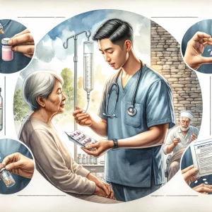 This watercolor painting captures a diverse nursing setting where an East Asian male nurse is carefully administering medication to a Hispanic female patient. An elderly Caucasian male is seen receiving medication education with a clear understanding and compliance. Various medication administration routes are depicted, including oral, topical, intravenous, and intramuscular. The image exudes a sense of patient well-being and accurate information dissemination, embodying the essence of high-quality nursing care.