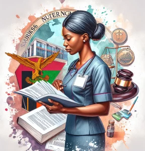 This watercolor-style picture captures the essence of professional standards in nursing in Zambia. A Black female nurse is depicted attentively reviewing legal documents related to nursing standards, with an emblematic representation of a professional nursing organization in Zambia in the background. A detailed image of a textbook titled 'Nursing in Zambia' hints at her commitment to lifelong learning. The environment conveys responsibility, dedication, and an exceptional commitment to nursing practice.