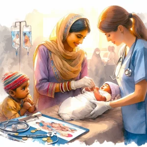A watercolor painting capturing a tender moment between a South Asian mother and her newborn baby in a medical setting. The scene includes imagery of medical instruments and educational materials to symbolize prenatal care. A Hispanic female nurse is depicted examining a Middle Eastern child, showcasing the beauty of pediatric nursing. The connection between healthcare providers and families is emphasized through expressions and interactions, highlighting the essential role of nurses in promoting the health and well-being of mothers, infants, and children in Zambia.