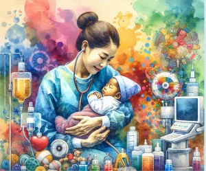 This watercolor painting depicts a South Asian female pediatric nurse cradling a baby surrounded by colorful medical equipment and toys. The soft pastel backdrop radiates warmth and comfort, embodying the affection and commitment of pediatric nursing.