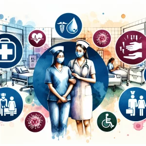 This watercolor painting embodies the core principles of nursing fundamentals, showcasing patient safety, infection control, and nursing ethics. The serene hospital ward features clear safety signage, while symbols of infection prevention like handwashing and mask-wearing are prominent. Ethical standards are represented with nurses tending to diverse patients, including a female Hispanic nurse and a male South Asian nurse. The artwork radiates compassion, professionalism, and dedication, encapsulating the essence of nursing.