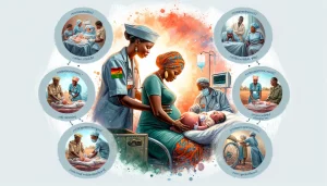 This watercolor painting captures the essence of a positive labor and delivery process in Zambia. A compassionate Zambian nurse is shown providing emotional support to a mother in labor, depicting the stages of dilation, expulsion of the baby, and delivery of the placenta. The scene includes elements of vital sign monitoring, pain management techniques, breastfeeding support, and newborn care, creating a sense of safety and comfort.