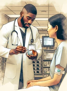 This watercolor image captures a Black, male nurse attentively giving medication to an Asian, female patient in a hospital setting. The nurse is shown double-checking identifications, verifying medicine accuracy, and ensuring proper administration routes. The scene radiates professionalism, meticulousness, and a dedication to patient safety.