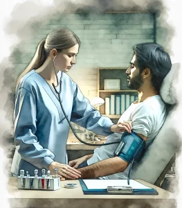 A watercolor painting depicting a Caucasian female nurse checking the vital signs of a Middle Eastern male patient in a tranquil hospital setting. The scene exudes calm and peace, emphasizing the importance of patient safety in nursing. Medical instruments like a stethoscope and blood pressure monitor are visible, highlighting professional healthcare. The soothing atmosphere reflects the compassionate care provided by the nurse.